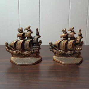 Galleon Ship Bookends Cast Metal Nautical Sailing Boat Small 4" Bronze Wash